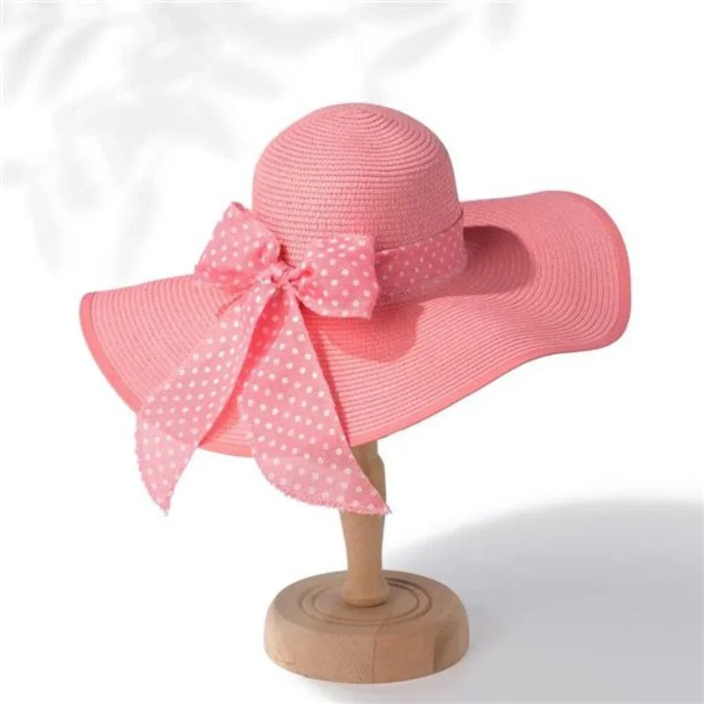 Women's Wide Brim Hat Straw Sun Hat with Bow and Heart Shape Glass, Pink_4
